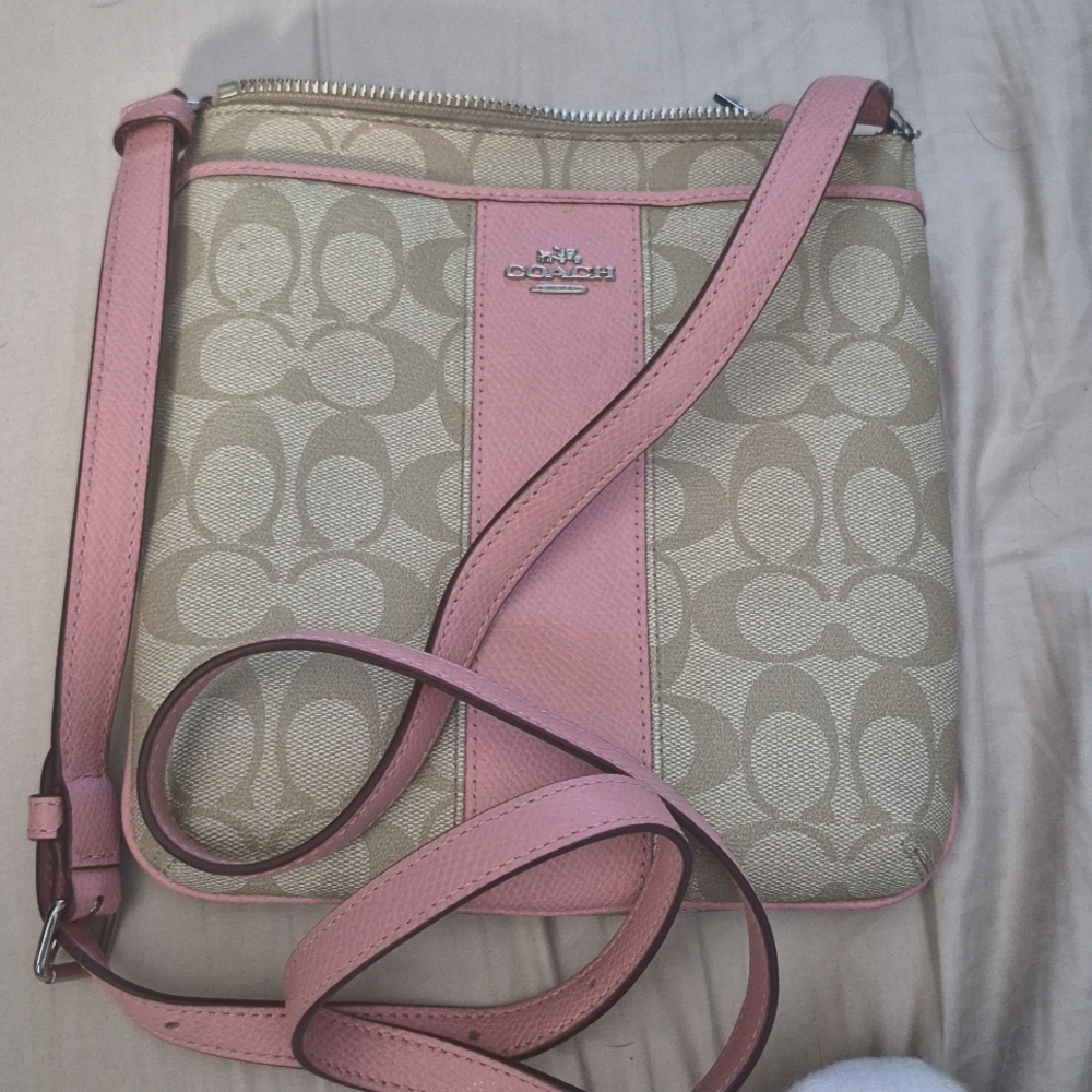 Coach Leather North South Crossbody Stripe Swingpack in LightKhaki/Pink